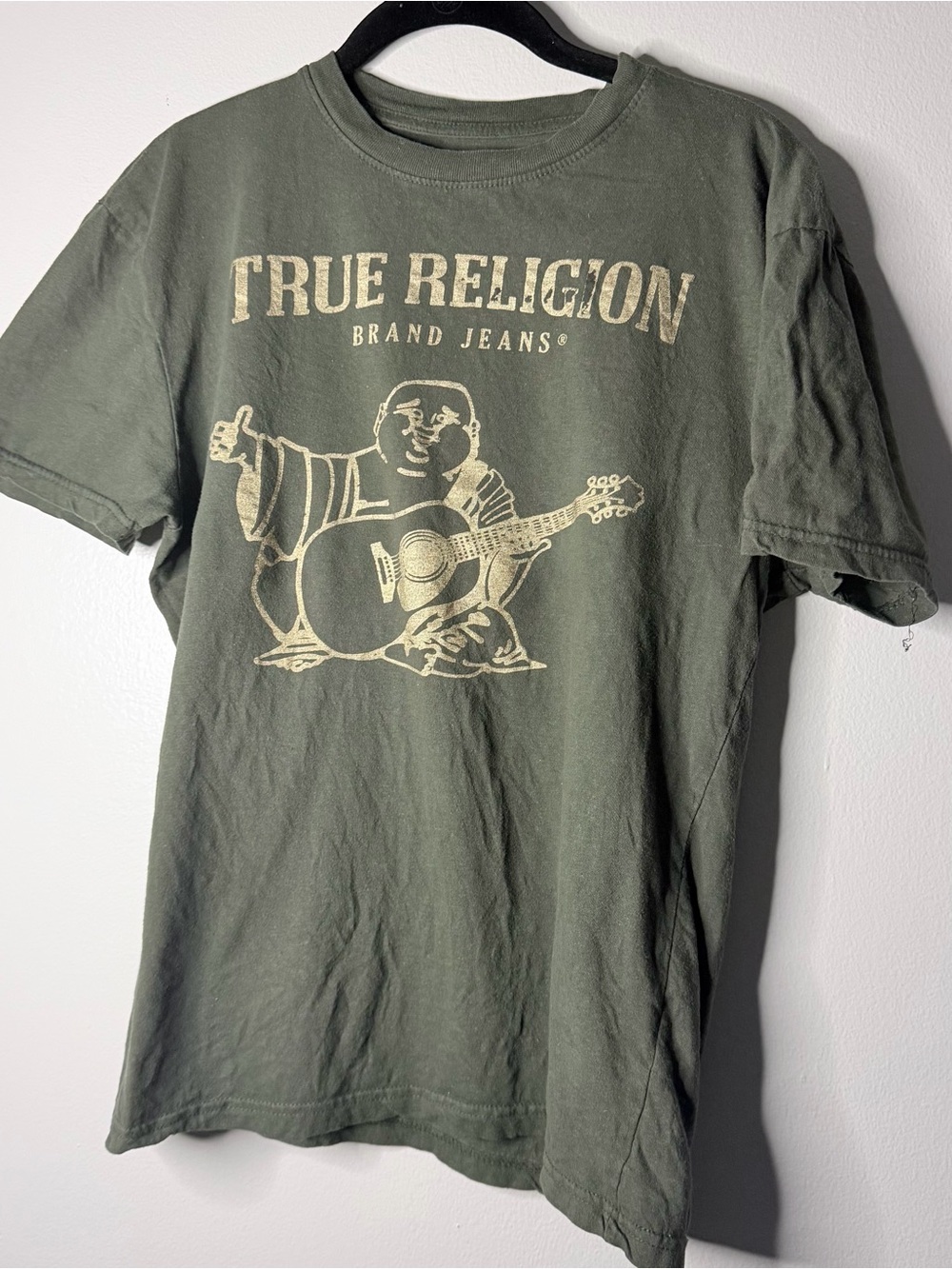 True Religion Olive Green Short-Sleeve Graphic Tee with Cream Print